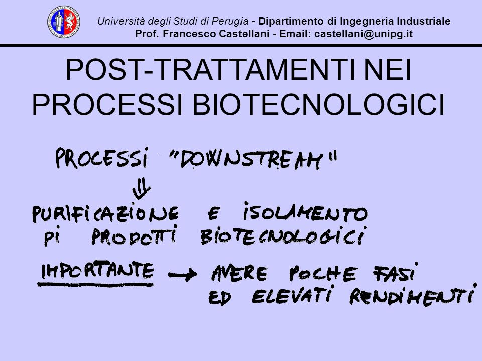POST-TRATTAMENTI NEI PROCESSI BIOTECNOLOGICI Università degli Studi di Perugia - Dipartimento di Ingegneria Industriale Prof.