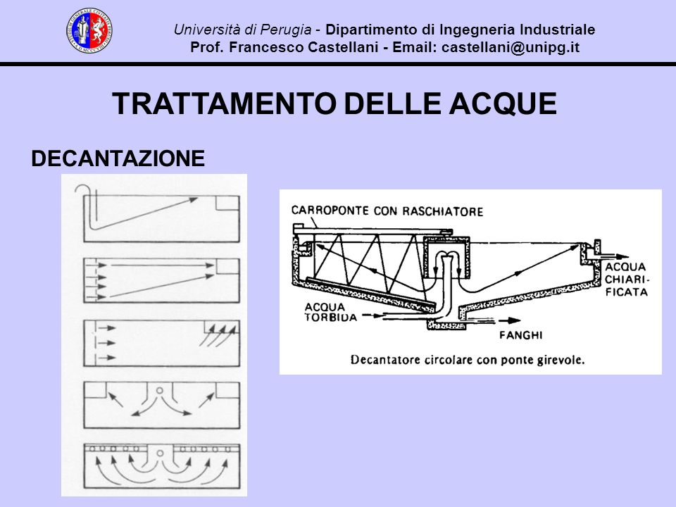 TRATTAMENTO DELLE ACQUE DECANTAZIONE Università di Perugia - Dipartimento di Ingegneria Industriale Prof.