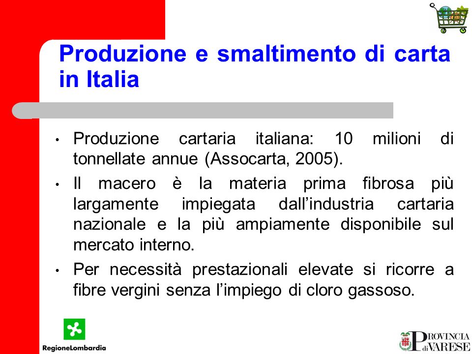 Produzione e smaltimento di carta in Italia Produzione cartaria italiana: 10 milioni di tonnellate annue (Assocarta, 2005).