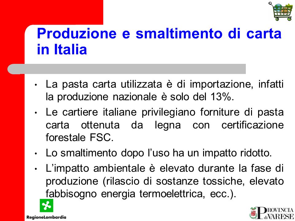 Produzione e smaltimento di carta in Italia La pasta carta utilizzata è di importazione, infatti la produzione nazionale è solo del 13%.