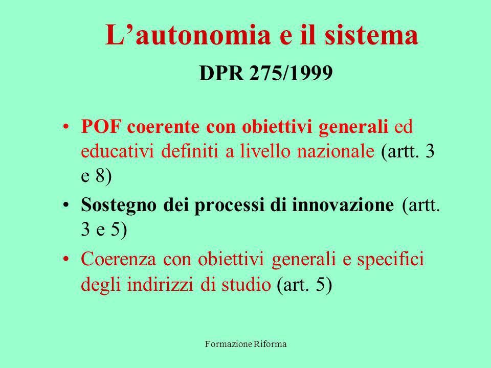 Formazione Riforma Lautonomia e il sistema DPR 275/1999 POF coerente con obiettivi generali ed educativi definiti a livello nazionale (artt.