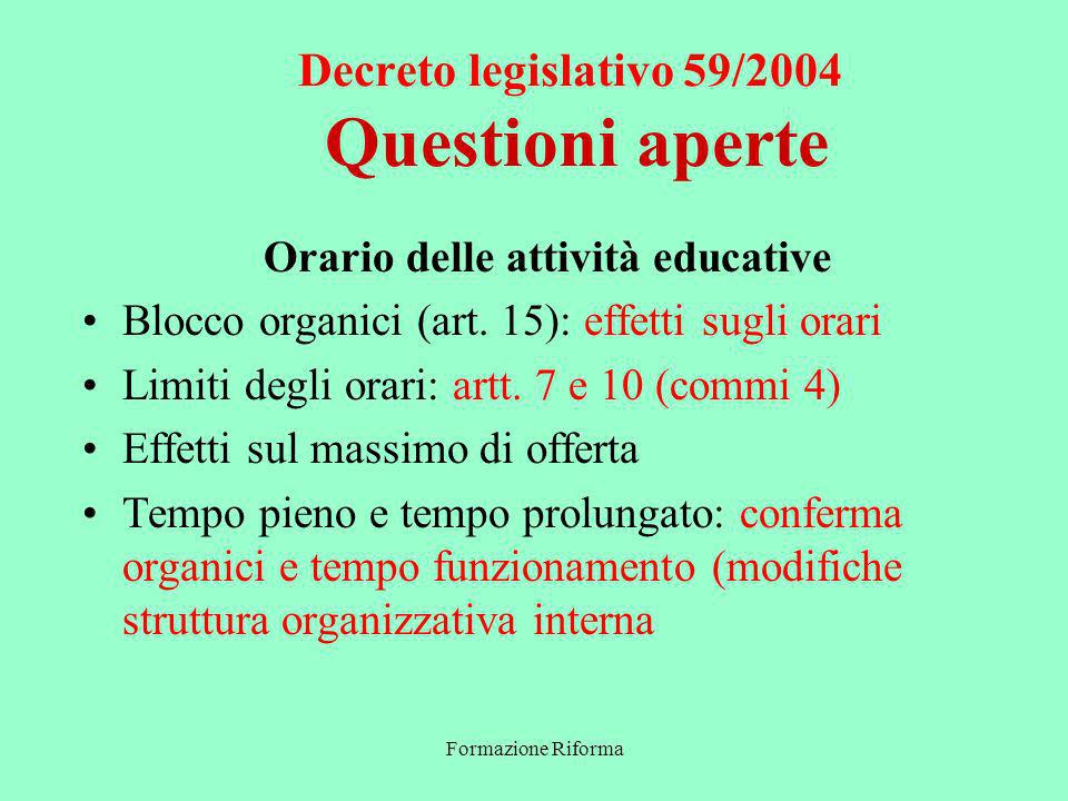 Formazione Riforma Decreto legislativo 59/2004 Questioni aperte Orario delle attività educative Blocco organici (art.