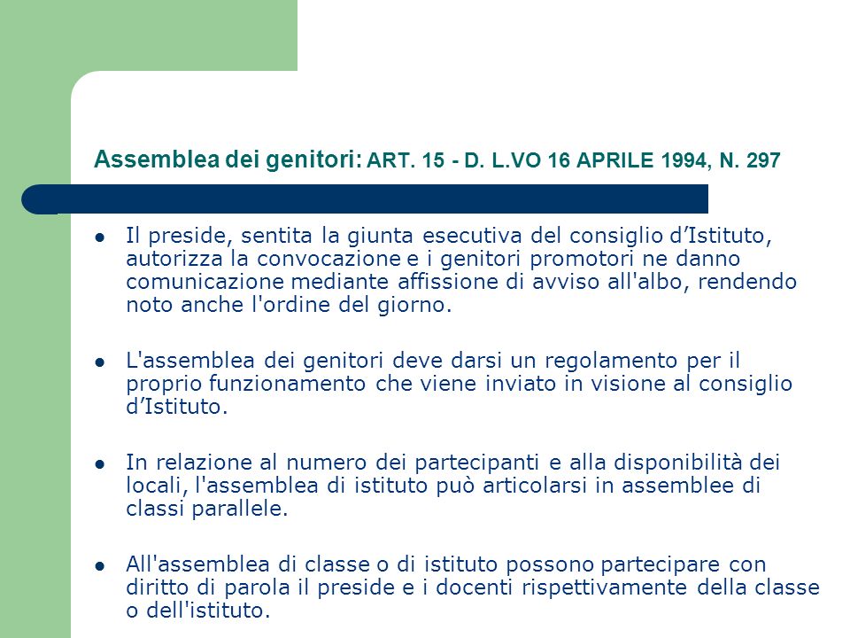 Assemblea dei genitori: ART D. L.VO 16 APRILE 1994, N.