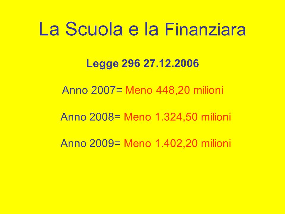La Scuola e la Finanziara Legge Anno 2007= Meno 448,20 milioni Anno 2008= Meno 1.324,50 milioni Anno 2009= Meno 1.402,20 milioni