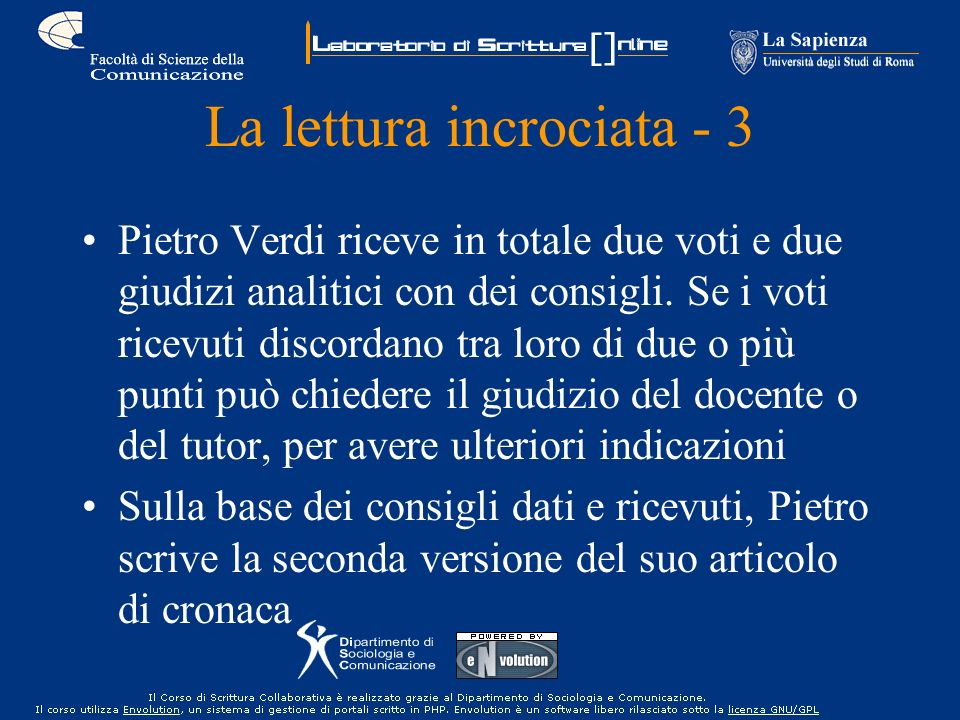La lettura incrociata - 3 Pietro Verdi riceve in totale due voti e due giudizi analitici con dei consigli.