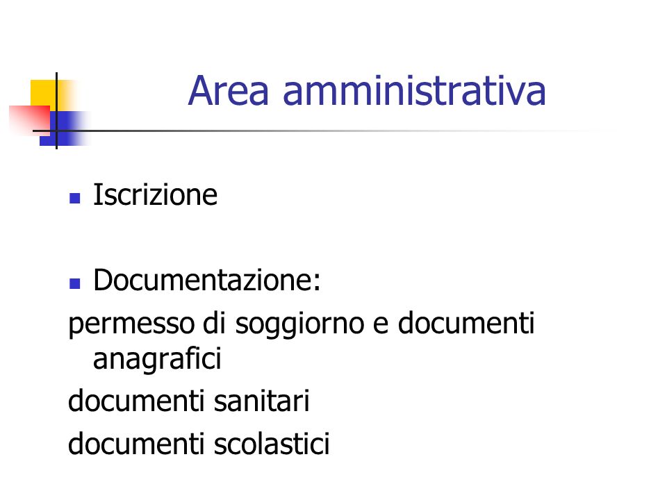 Area amministrativa Iscrizione Documentazione: permesso di soggiorno e documenti anagrafici documenti sanitari documenti scolastici