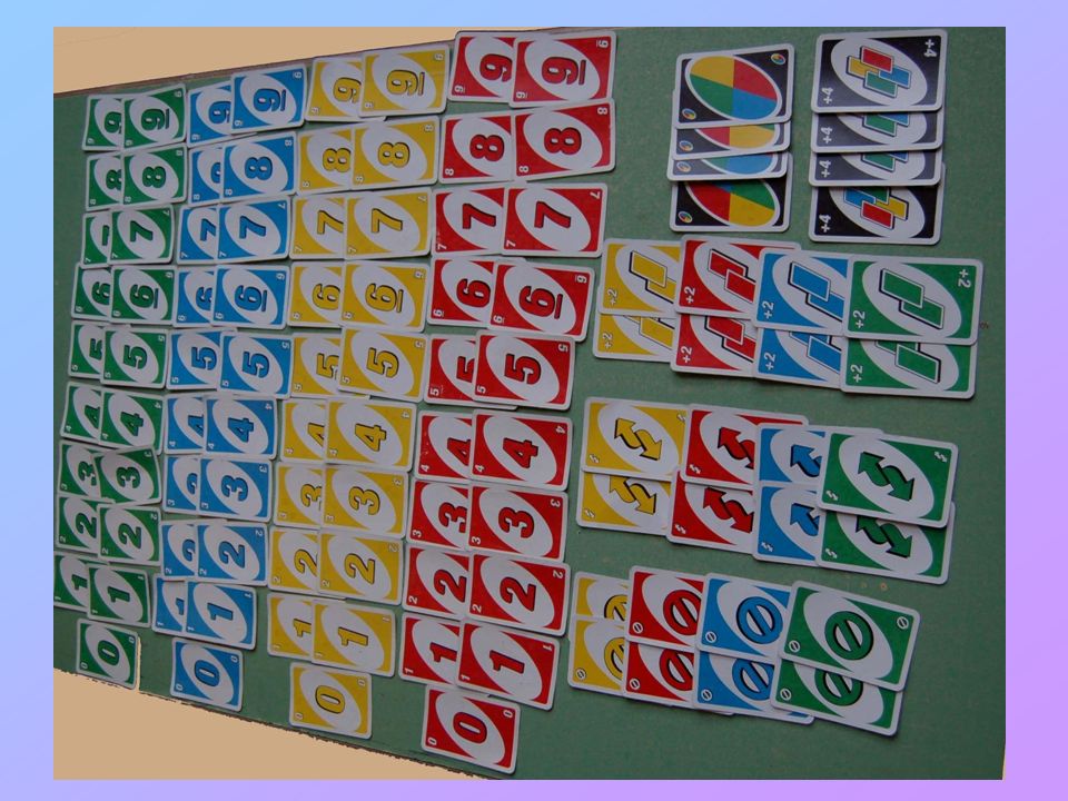 Le regole Giocatori: da 2 a 10, anche a coppie o a squadre Scopo del gioco: scartare tutte le carte per primi Si gioca con 108 carte: 18 carte dall1 al 9 di colore rosso 18 carte dall1 al 9 di colore verde 18 carte dall1 al 9 di colore giallo 18 carte dall1 al 9 di colore blu 4 carte dei 4 colori con il numero 0 8 carte pesca due dei 4 colori 8 carte inverti/cambio giro dei 4 colori 8 carte salta/stop dei 4 colori 4 carte jolly/cambio colore 4 carte jolly pesca quattro/cambio colore (non valida per iniziare il gioco) Players: 2 to 10, or teams.