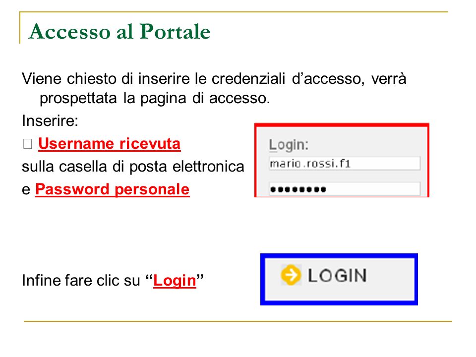 Accesso al Portale Viene chiesto di inserire le credenziali daccesso, verrà prospettata la pagina di accesso.
