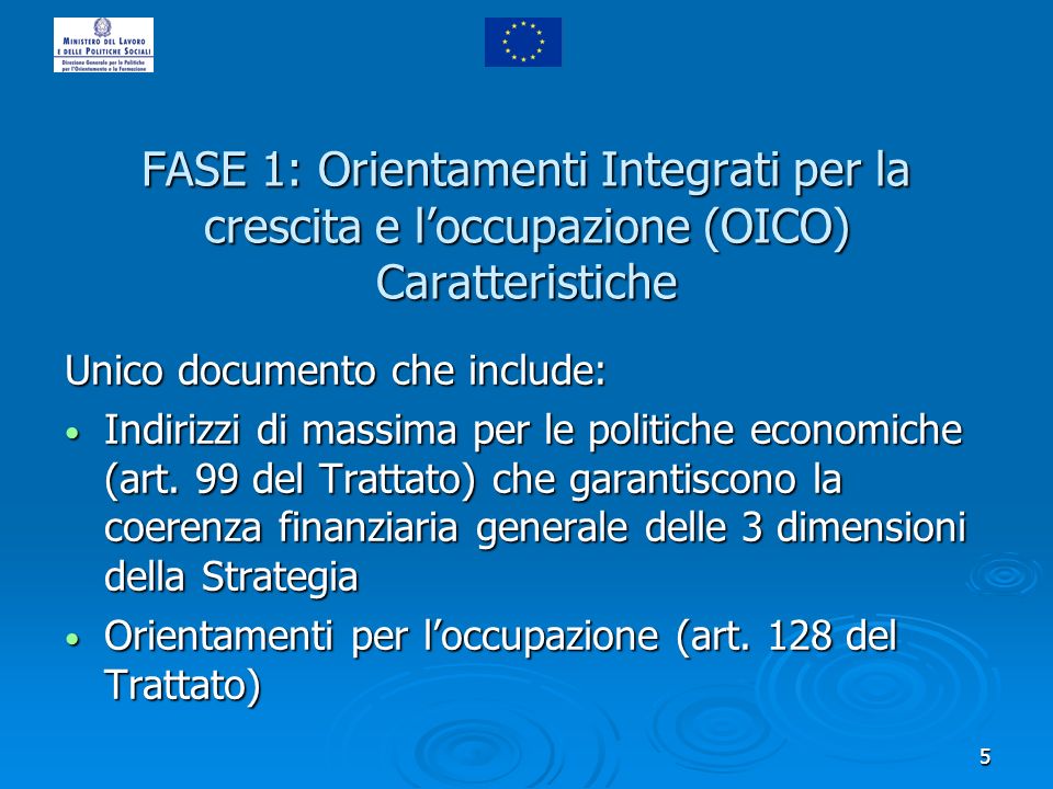 5 FASE 1: Orientamenti Integrati per la crescita e loccupazione (OICO) Caratteristiche Unico documento che include: Indirizzi di massima per le politiche economiche (art.