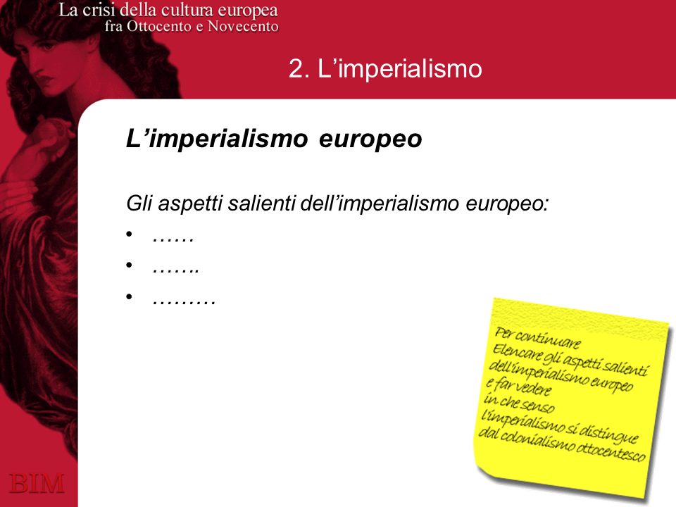 2. Limperialismo Limperialismo europeo Gli aspetti salienti dellimperialismo europeo: …… ……. ………