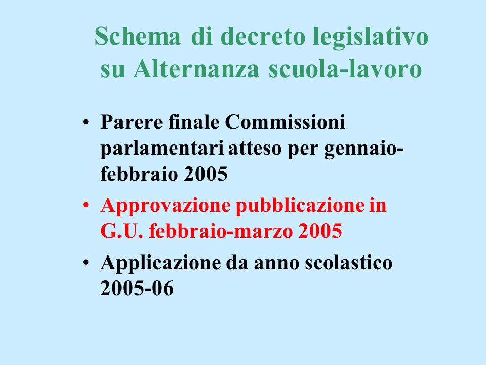 Schema di decreto legislativo su Alternanza scuola-lavoro Parere finale Commissioni parlamentari atteso per gennaio- febbraio 2005 Approvazione pubblicazione in G.U.