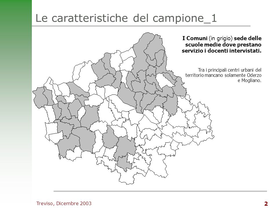 Treviso, Dicembre Le caratteristiche del campione_1 I Comuni (in grigio) sede delle scuole medie dove prestano servizio i docenti intervistati.