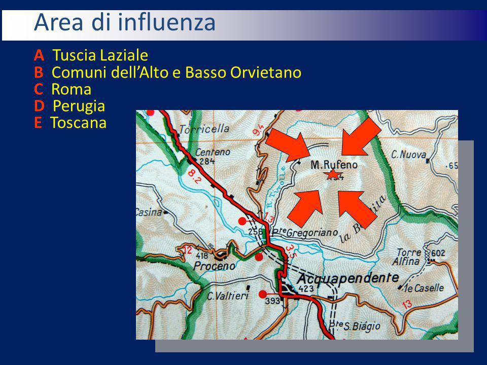 A Tuscia Laziale B Comuni dellAlto e Basso Orvietano C Roma D Perugia E Toscana Area di influenza