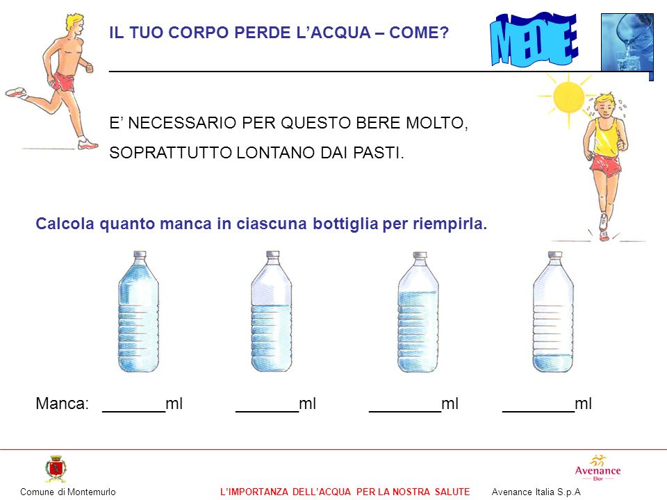 Comune di MontemurloLIMPORTANZA DELLACQUA PER LA NOSTRA SALUTE Avenance Italia S.p.A Calcola quanto manca in ciascuna bottiglia per riempirla.