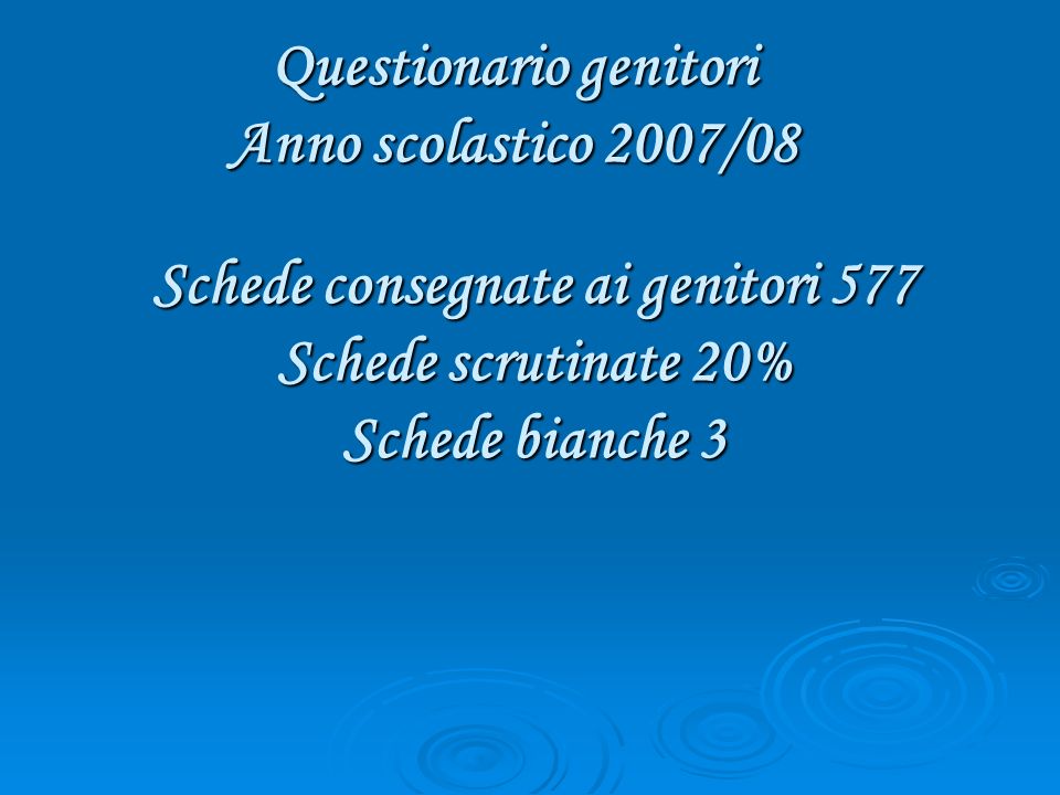 Questionario genitori Anno scolastico 2007/08 Schede consegnate ai genitori 577 Schede scrutinate 20% Schede bianche 3