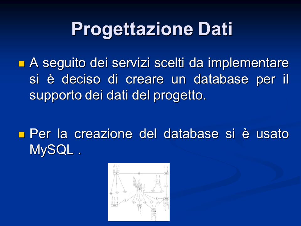 Progettazione Dati A seguito dei servizi scelti da implementare si è deciso di creare un database per il supporto dei dati del progetto.