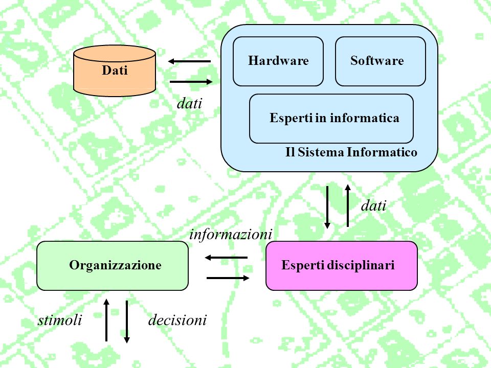 Il Sistema Informatico Esperti disciplinari Dati Organizzazione Hardware Software Esperti in informatica dati informazioni dati stimolidecisioni