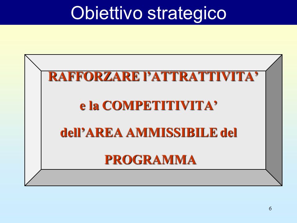 6 Obiettivo strategico RAFFORZARE lATTRATTIVITA e la COMPETITIVITA dellAREA AMMISSIBILE del PROGRAMMA PROGRAMMA