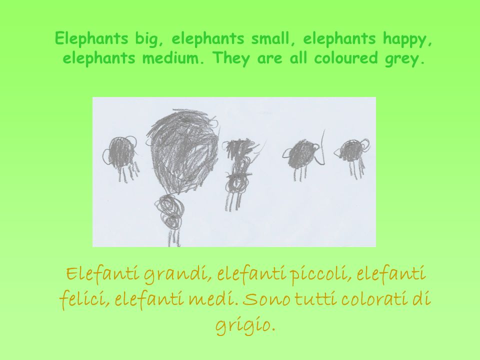 Elephants big, elephants small, elephants happy, elephants medium.