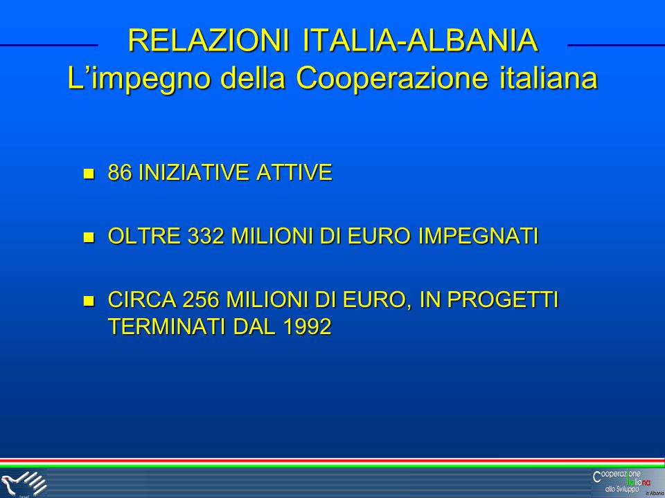 RELAZIONI ITALIA-ALBANIA Limpegno della Cooperazione italiana 86 INIZIATIVE ATTIVE 86 INIZIATIVE ATTIVE OLTRE 332 MILIONI DI EURO IMPEGNATI OLTRE 332 MILIONI DI EURO IMPEGNATI CIRCA 256 MILIONI DI EURO, IN PROGETTI TERMINATI DAL 1992 CIRCA 256 MILIONI DI EURO, IN PROGETTI TERMINATI DAL 1992