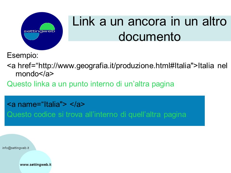 Link a un ancora in un altro documento   Esempio: Italia nel mondo Questo linka a un punto interno di unaltra pagina Questo codice si trova allinterno di quellaltra pagina