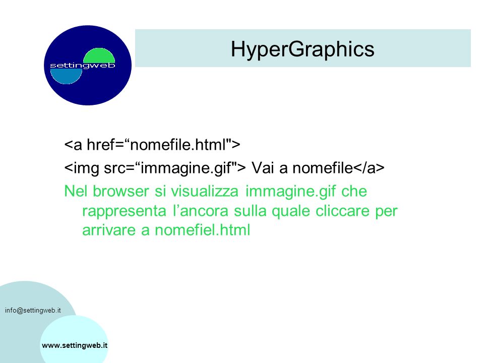 HyperGraphics   Vai a nomefile Nel browser si visualizza immagine.gif che rappresenta lancora sulla quale cliccare per arrivare a nomefiel.html