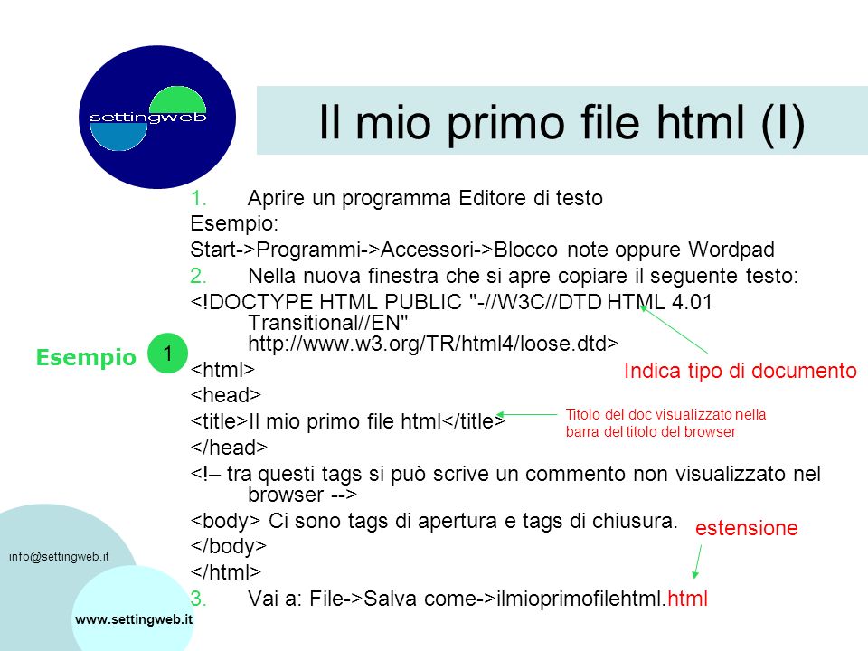 Il mio primo file html (I) 1.Aprire un programma Editore di testo Esempio: Start->Programmi->Accessori->Blocco note oppure Wordpad 2.Nella nuova finestra che si apre copiare il seguente testo: Il mio primo file html Ci sono tags di apertura e tags di chiusura.