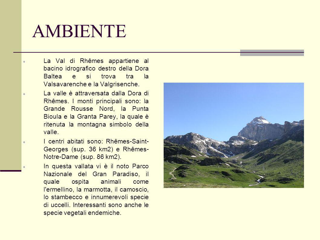 AMBIENTE La Val di Rhêmes appartiene al bacino idrografico destro della Dora Baltea e si trova tra la Valsavarenche e la Valgrisenche.