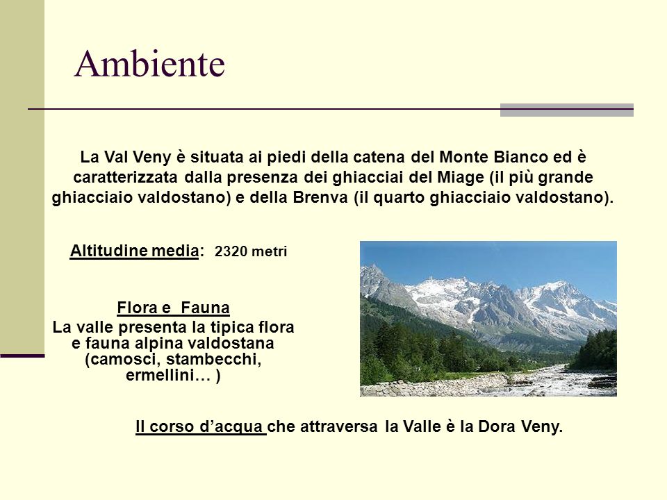 Ambiente La Val Veny è situata ai piedi della catena del Monte Bianco ed è caratterizzata dalla presenza dei ghiacciai del Miage (il più grande ghiacciaio valdostano) e della Brenva (il quarto ghiacciaio valdostano).