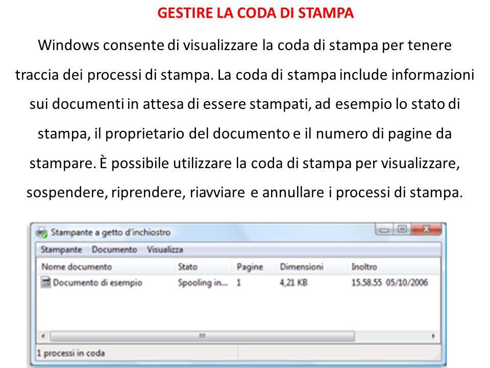 GESTIRE LA CODA DI STAMPA Windows consente di visualizzare la coda di stampa per tenere traccia dei processi di stampa.