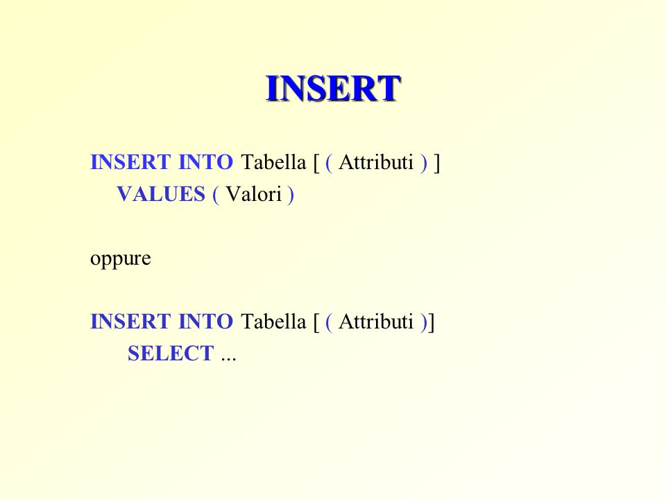 INSERT INSERT INTO Tabella [ ( Attributi ) ] VALUES ( Valori ) oppure INSERT INTO Tabella [ ( Attributi )] SELECT...