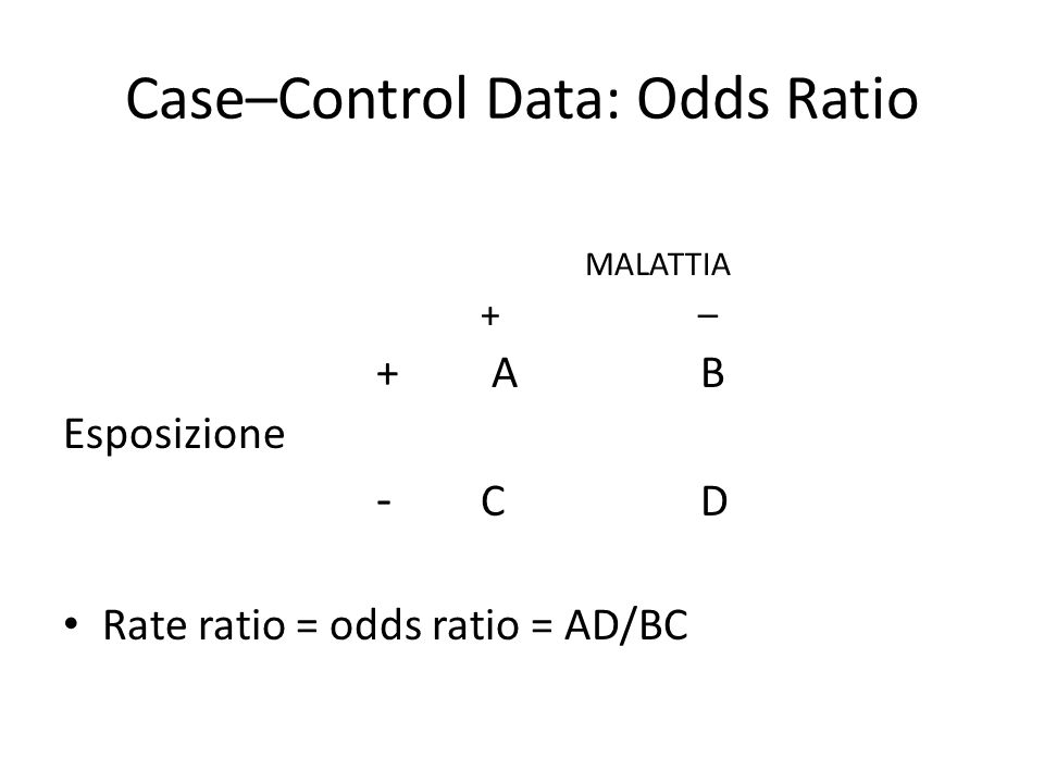 Case–Control Data: Odds Ratio MALATTIA + – + A B Esposizione - C D Rate ratio = odds ratio = AD/BC