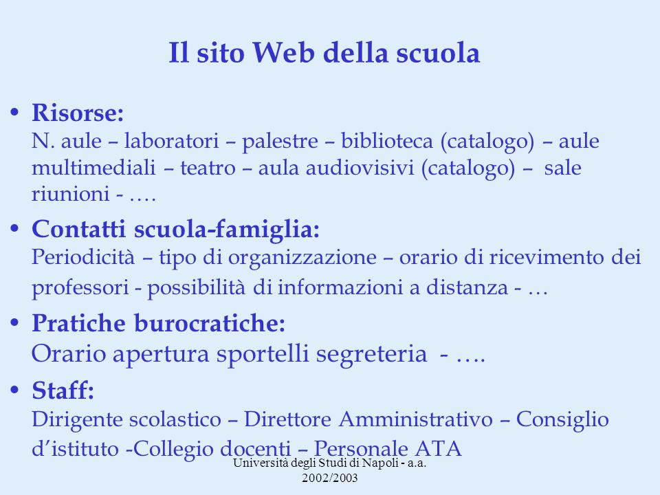 Università degli Studi di Napoli - a.a. 2002/2003 Il sito Web della scuola Risorse: N.