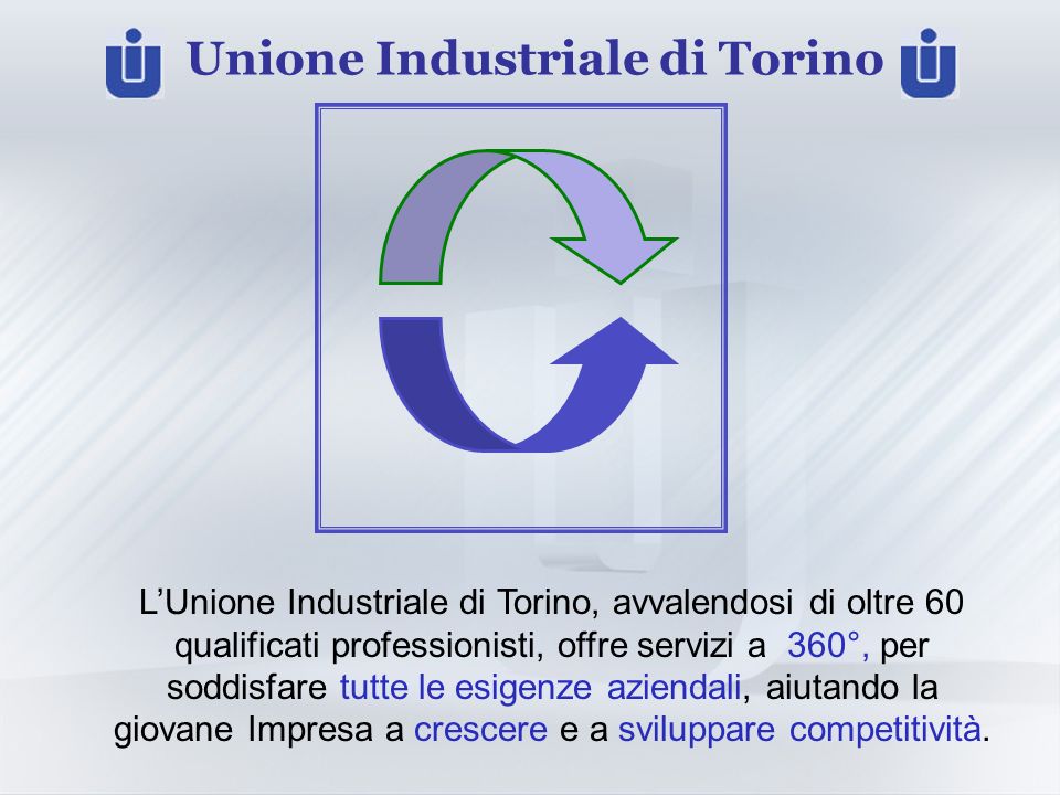 Unione Industriale di Torino LUnione Industriale di Torino, avvalendosi di oltre 60 qualificati professionisti, offre servizi a 360°, per soddisfare tutte le esigenze aziendali, aiutando la giovane Impresa a crescere e a sviluppare competitività.