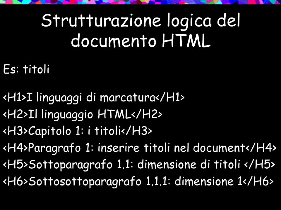 Strutturazione logica del documento HTML Es: titoli I linguaggi di marcatura Il linguaggio HTML Capitolo 1: i titoli Paragrafo 1: inserire titoli nel document Sottoparagrafo 1.1: dimensione di titoli Sottosottoparagrafo 1.1.1: dimensione 1