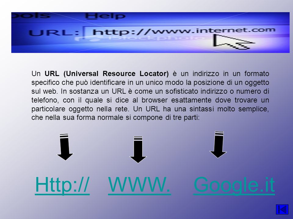 Un URL (Universal Resource Locator) è un indirizzo in un formato specifico che può identificare in un unico modo la posizione di un oggetto sul web.