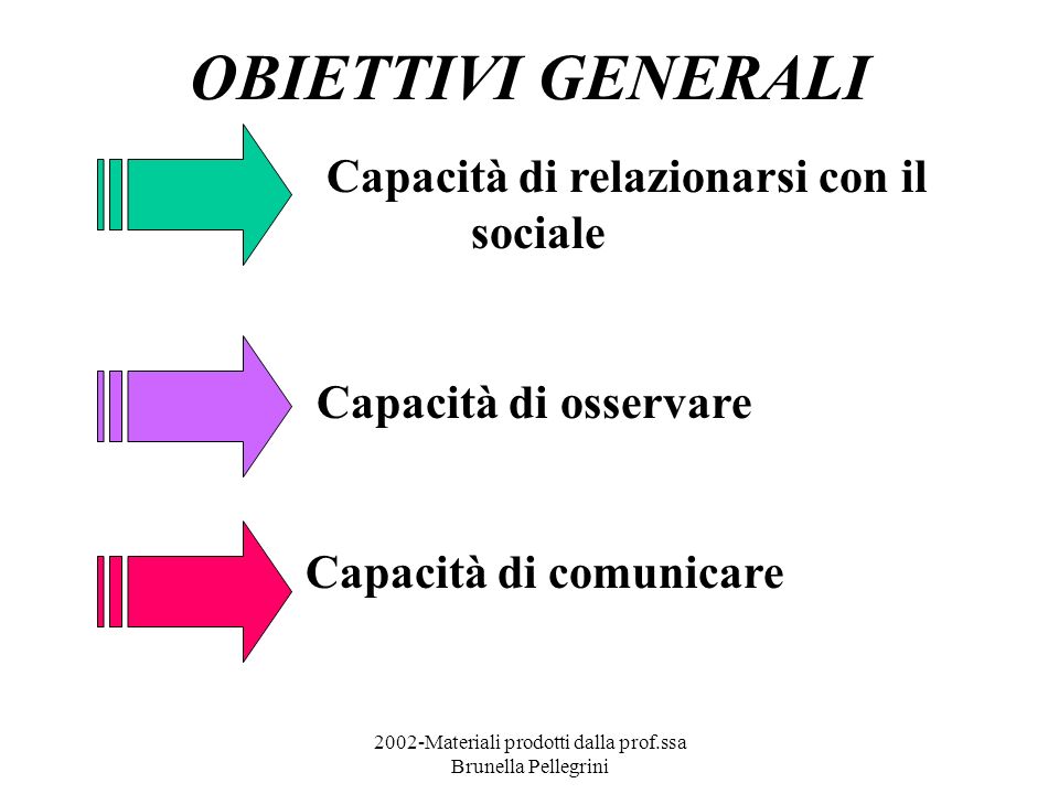 2002-Materiali prodotti dalla prof.ssa Brunella Pellegrini OBIETTIVI GENERALI Capacità di relazionarsi con il sociale Capacità di osservare Capacità di comunicare