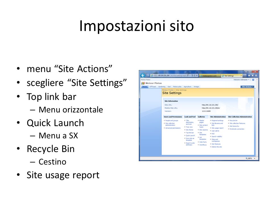 Impostazioni sito menu Site Actions scegliere Site Settings Top link bar – Menu orizzontale Quick Launch – Menu a SX Recycle Bin – Cestino Site usage report