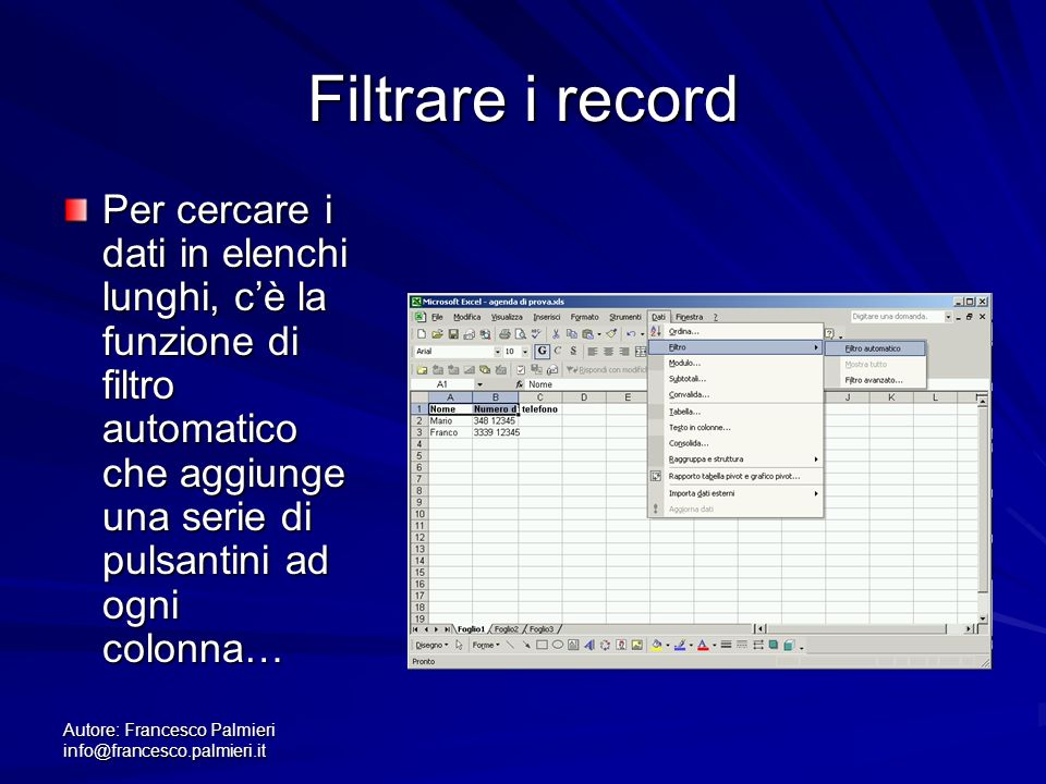 Autore: Francesco Palmieri Filtrare i record Per cercare i dati in elenchi lunghi, cè la funzione di filtro automatico che aggiunge una serie di pulsantini ad ogni colonna…