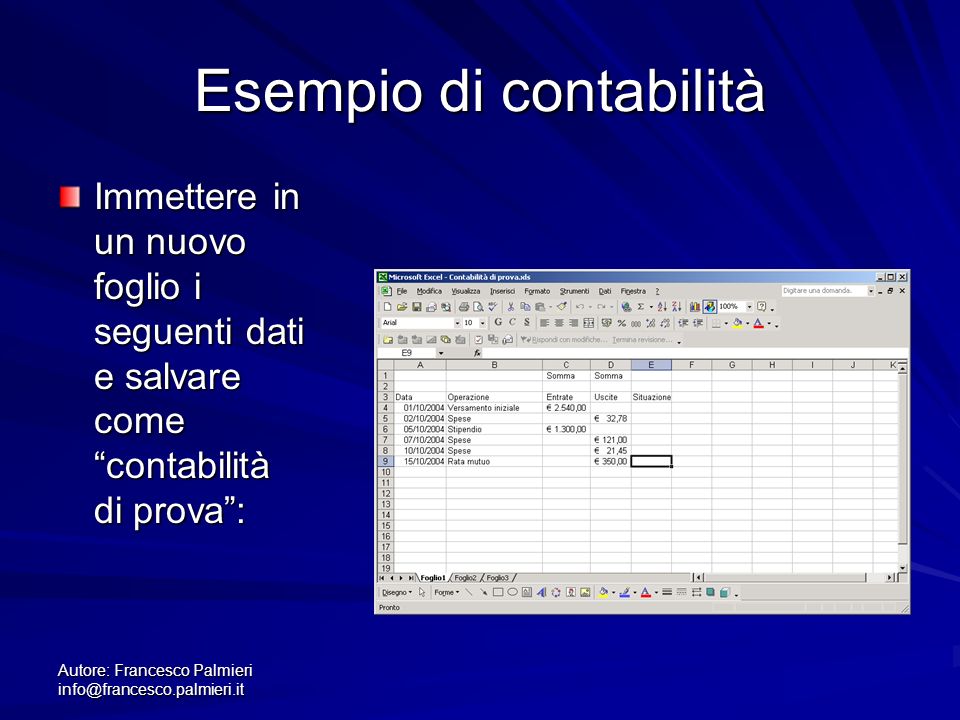 Autore: Francesco Palmieri Esempio di contabilità Immettere in un nuovo foglio i seguenti dati e salvare come contabilità di prova: