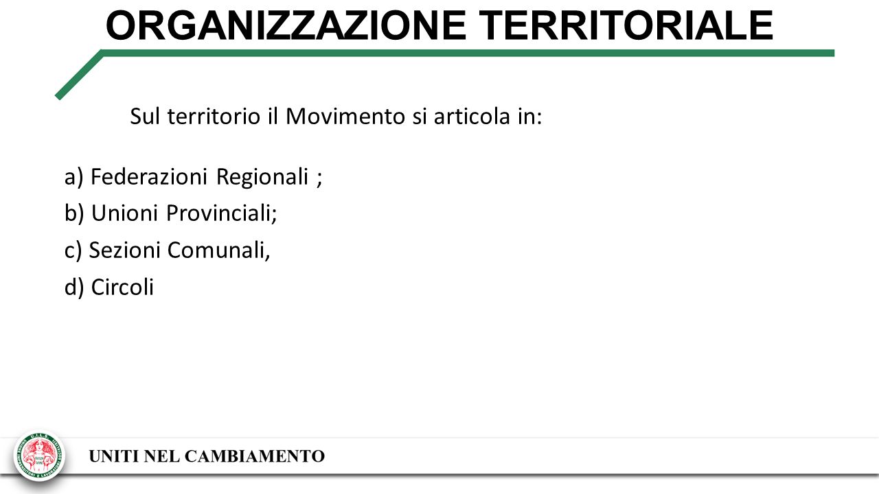 ORGANIZZAZIONE TERRITORIALE Sul territorio il Movimento si articola in: a) Federazioni Regionali ; b) Unioni Provinciali; c) Sezioni Comunali, d) Circoli