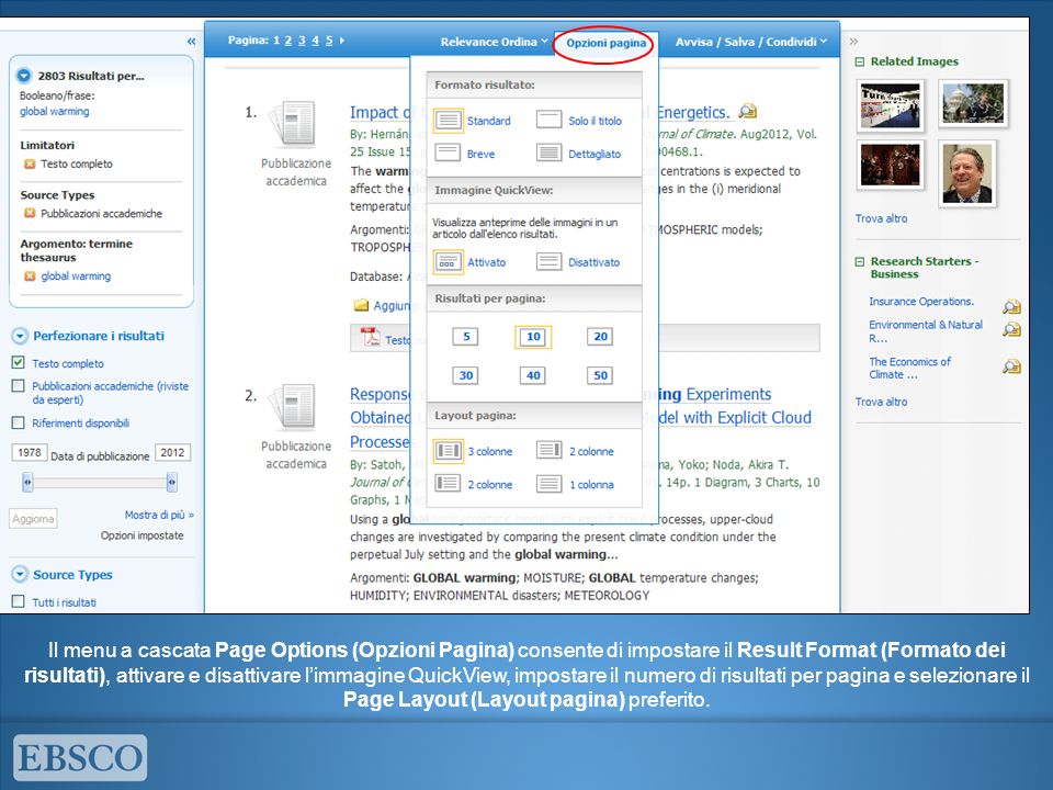 Il menu a cascata Page Options (Opzioni Pagina) consente di impostare il Result Format (Formato dei risultati), attivare e disattivare limmagine QuickView, impostare il numero di risultati per pagina e selezionare il Page Layout (Layout pagina) preferito.