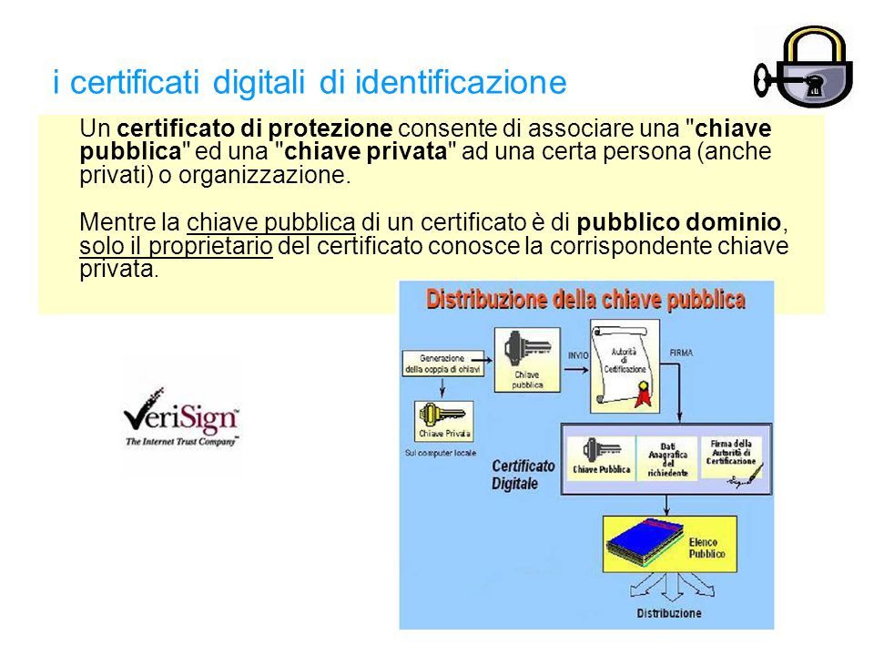 i certificati digitali di identificazione Un certificato di protezione consente di associare una chiave pubblica ed una chiave privata ad una certa persona (anche privati) o organizzazione.
