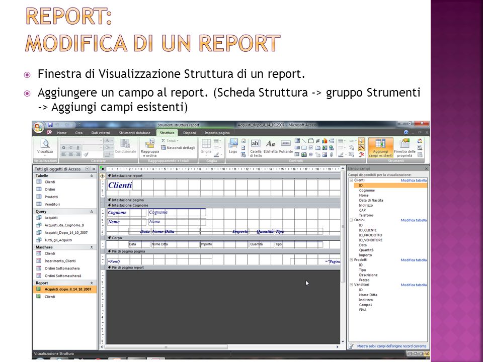 Finestra di Visualizzazione Struttura di un report.