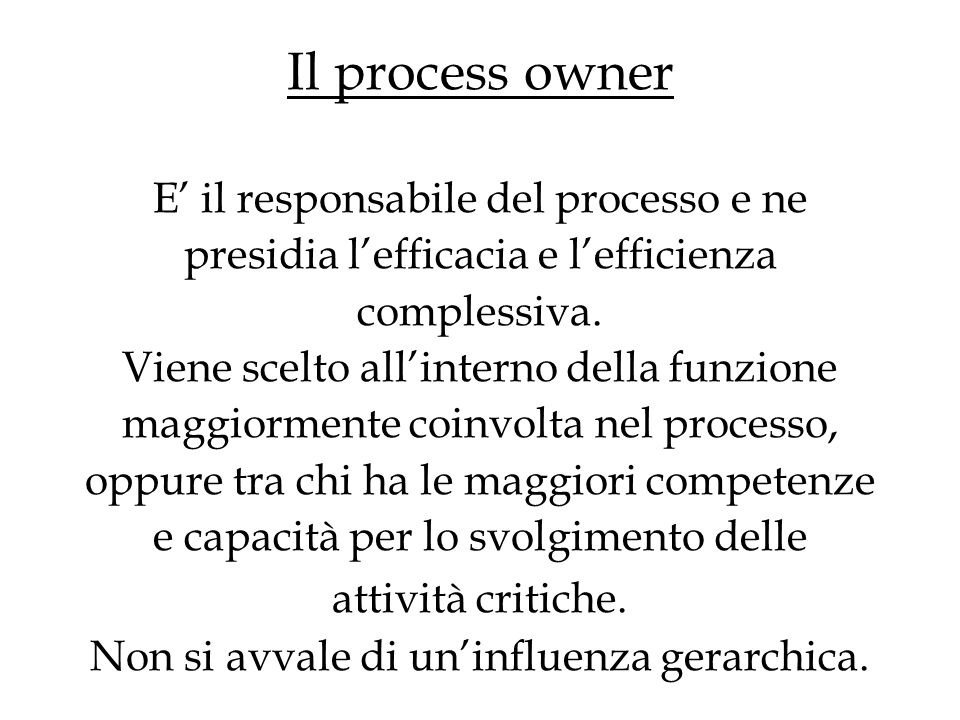 Il process owner E il responsabile del processo e ne presidia lefficacia e lefficienza complessiva.