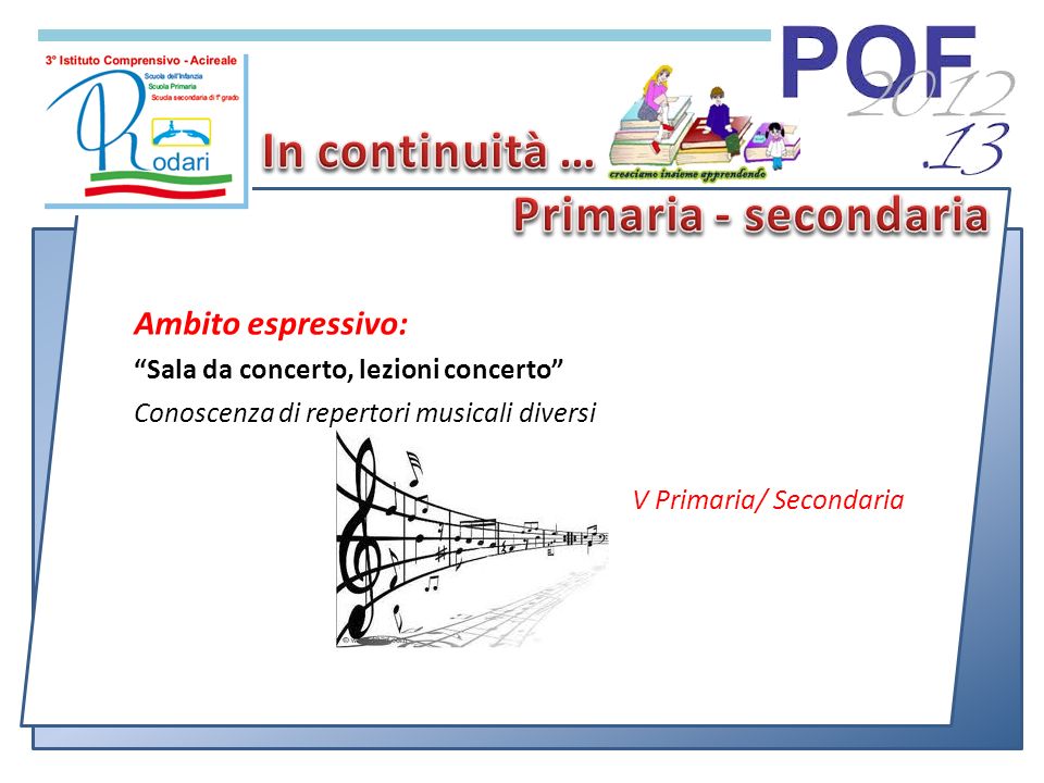 Ambito espressivo: Sala da concerto, lezioni concerto Conoscenza di repertori musicali diversi V Primaria/ Secondaria