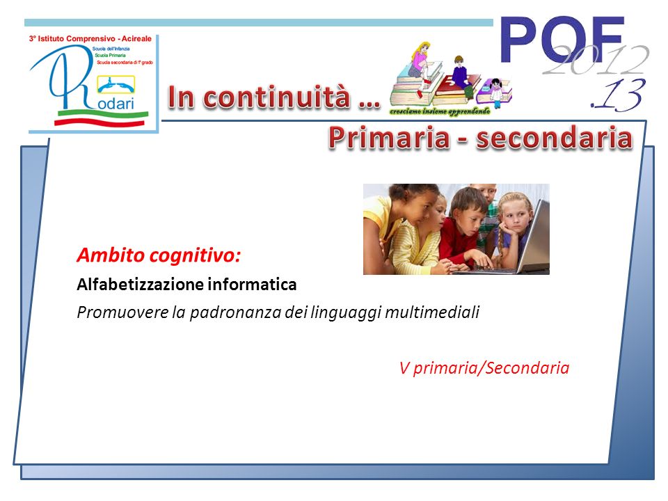 Ambito cognitivo: Alfabetizzazione informatica Promuovere la padronanza dei linguaggi multimediali V primaria/Secondaria