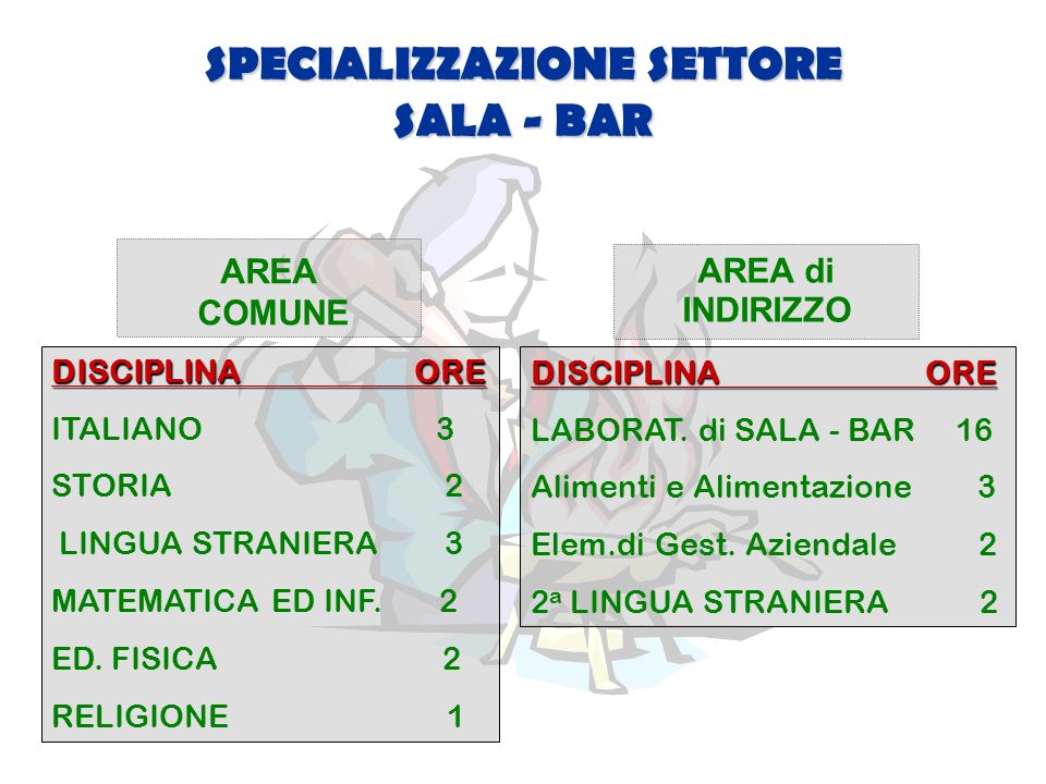 SPECIALIZZAZIONE SETTORE SALA - BAR AREA COMUNE DISCIPLINA ORE ITALIANO 3 STORIA 2 LINGUA STRANIERA 3 MATEMATICA ED INF.