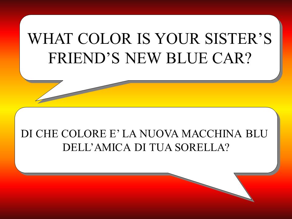 WHAT COLOR IS YOUR SISTERS FRIENDS NEW BLUE CAR. WHAT COLOR IS YOUR SISTERS FRIENDS NEW BLUE CAR.
