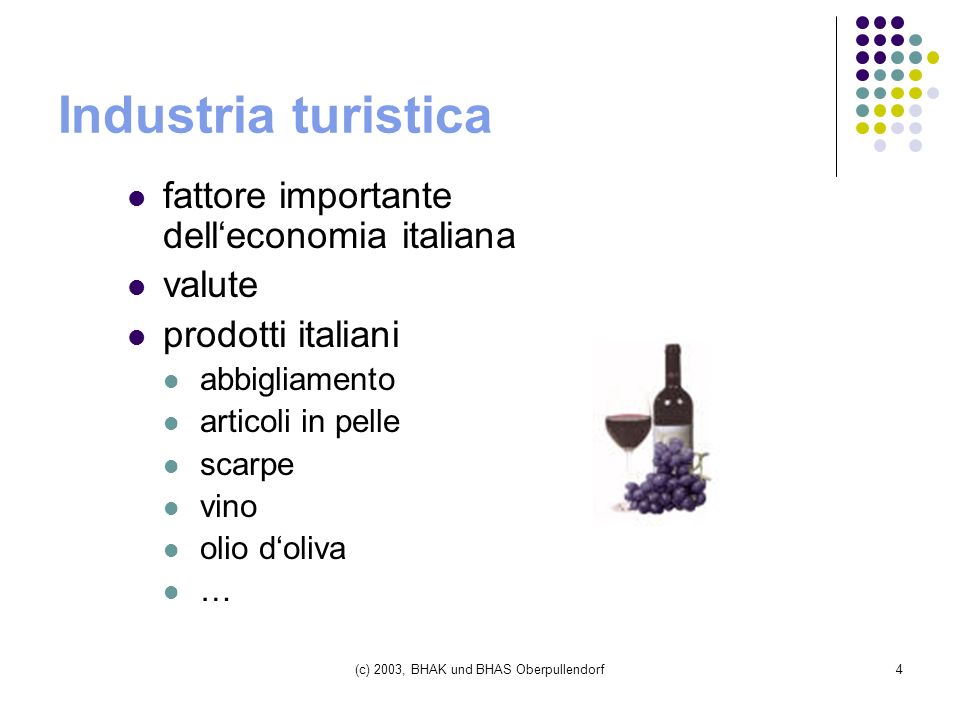 (c) 2003, BHAK und BHAS Oberpullendorf4 Industria turistica fattore importante delleconomia italiana valute prodotti italiani abbigliamento articoli in pelle scarpe vino olio doliva …